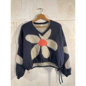 POL Sweater Blue Pink Contrast Vegan Faux Mohair Floral Daisy Pattern Oversize M